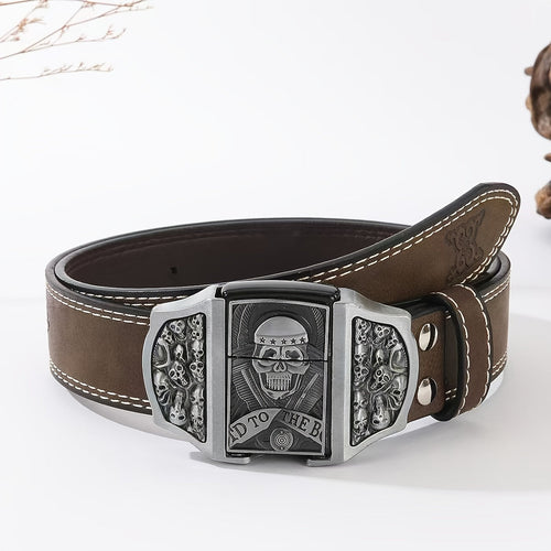 Retro Western Cowboy Belt with Detachable Lighter – Embossed Printed Novelty Accessory Belt in Skull, Eagle, Cross & Native American Designs, Unique Gift for Men for Christmas, Thanksgiving & Valentine's Day