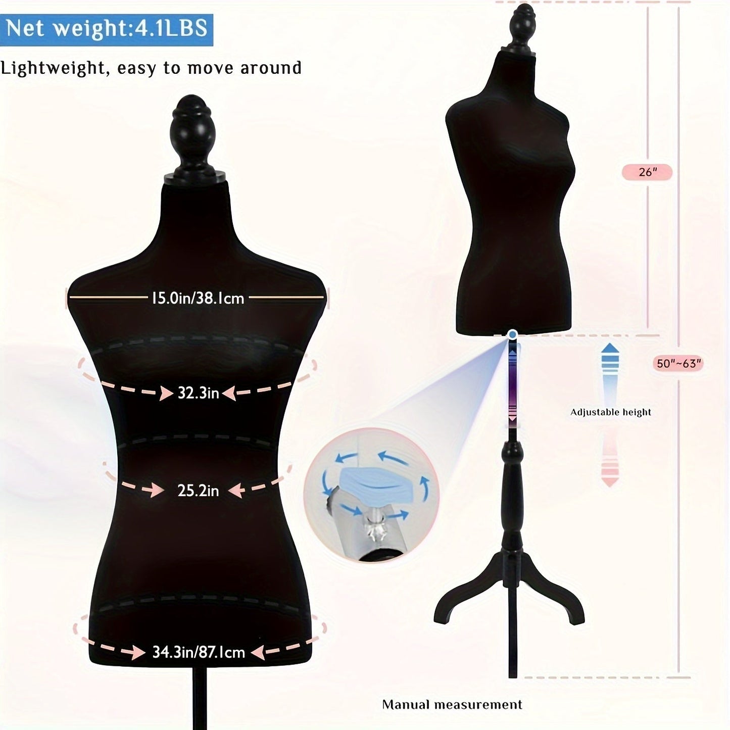Dress Form Mannequin Torso with Tripod Stand, Adjustable Height 50-63 Inch, Portable Female Body Form for Sewing, Clothing Display, Fashion Design & Photography – 4 Colors Available