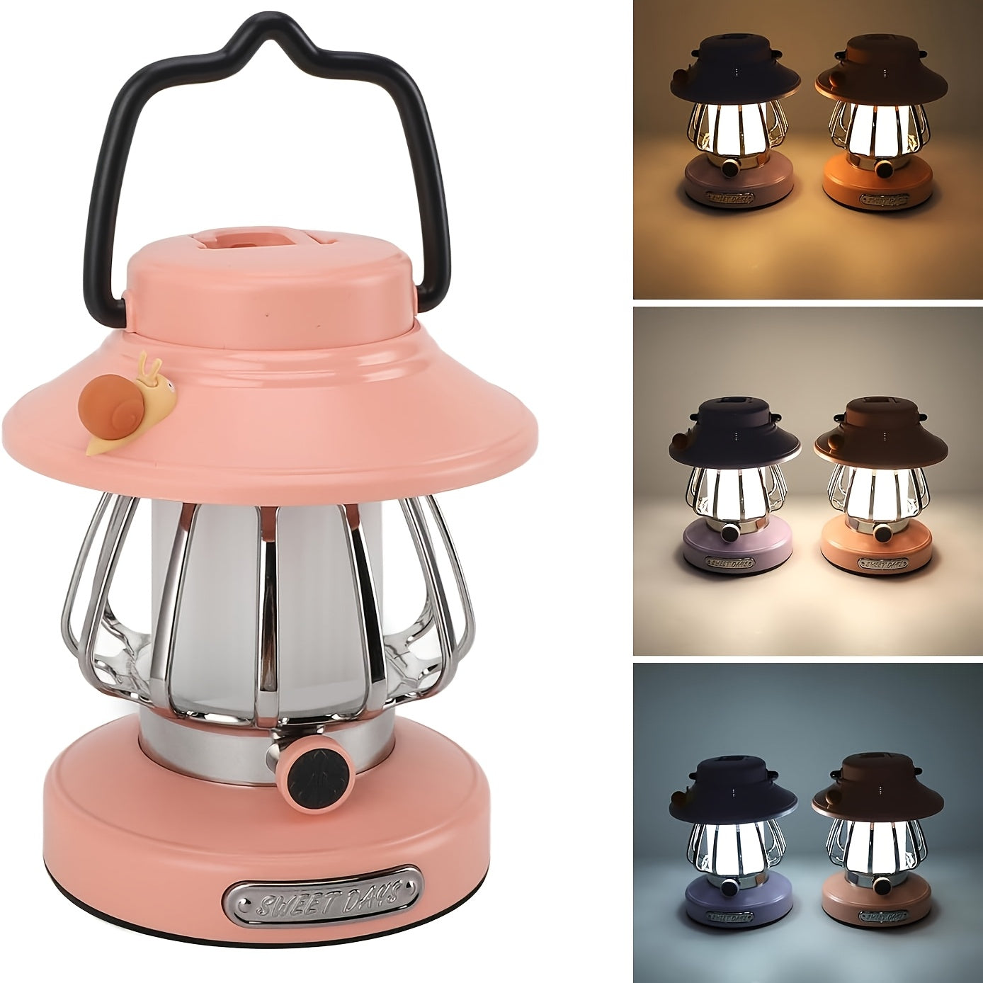 Rechargeable LED Camping Lantern 3-Tone Dimming Snail Design - USB & 18650 Battery Dual Power Freestanding Portable Camp Light for Camping Hiking Emergency Home Office, Green White Pink Purple