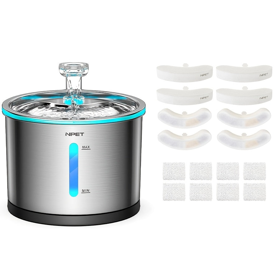 NPET WF210 Stainless Steel Cat Water Fountain 50oz – Ultra Quiet Automatic Pet Water Dispenser with LED Light, Visible Water Window & Dishwasher Safe 304 Steel, Optional Filter Bundles for Cats Dogs