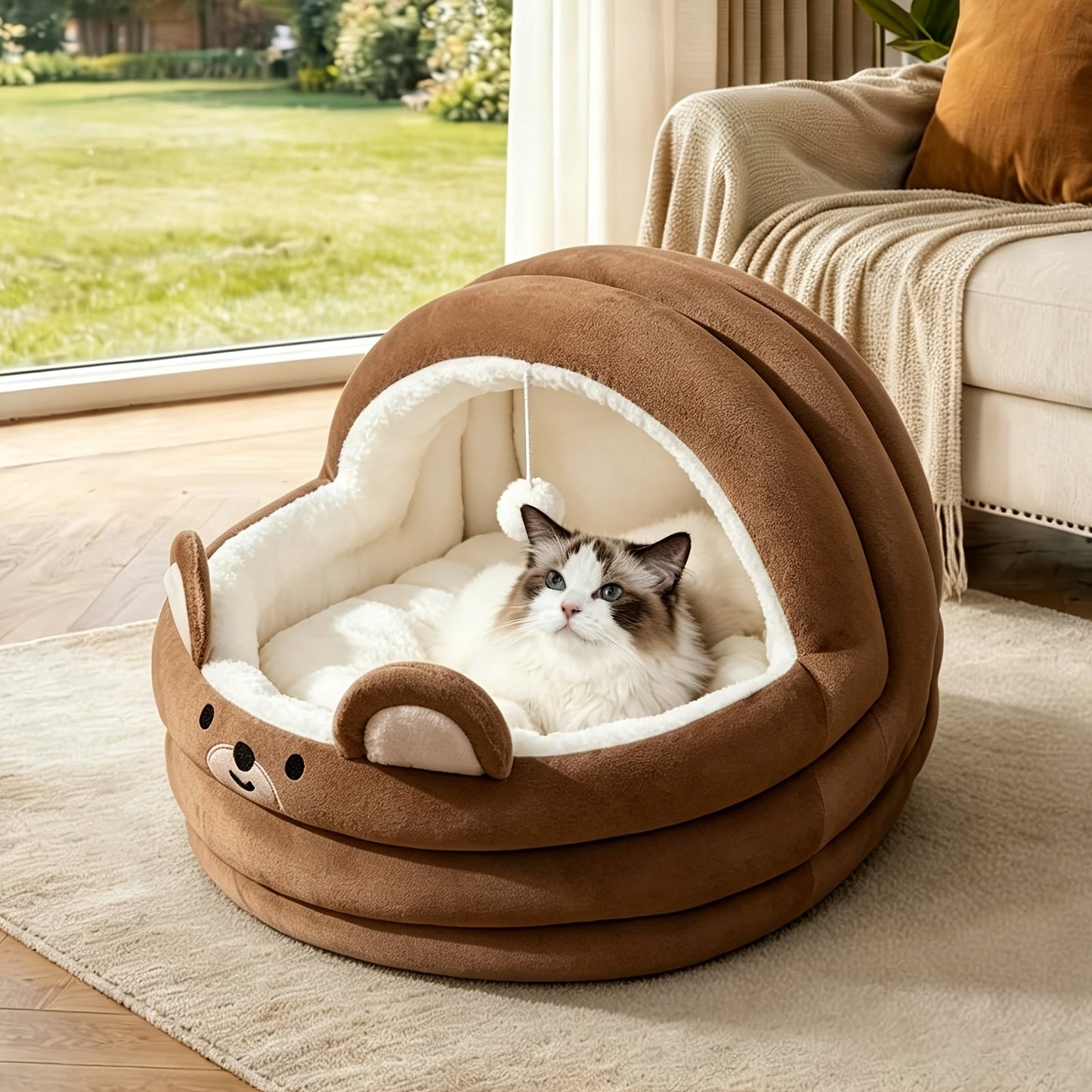 Round Plush Cat Bed & Pet Mat for Cats and Small Dogs – Large Circular Donut Design, Soft Comfortable All-Season Sleeping Pad, S M L Sizes, Includes Bonus Toy Balls, Cozy Cat Nap Cushion