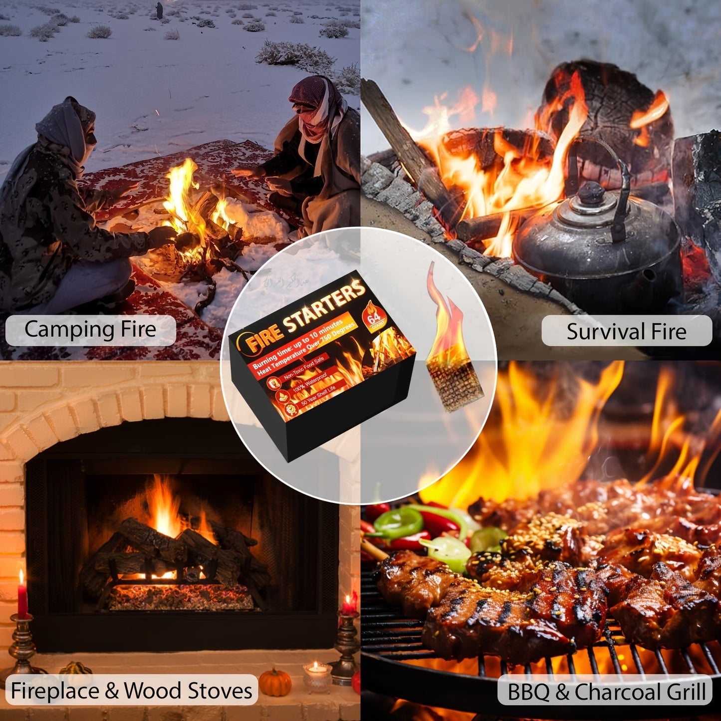 Fire Starter Squares – Waterproof Odorless Charcoal Firestarter Cubes for Campfire, BBQ, Grill, Fireplace & Wood Stove, No Kindling Needed, 32/64/128/192 Piece Packs