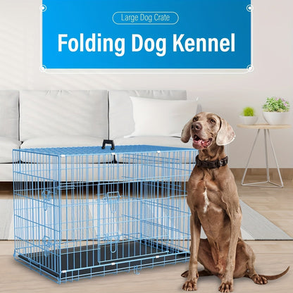 Double Door Folding Metal Dog Crate 42 48 Inch with Divider Leak-Proof Tray High-Temp Paint Finish Wire Kennel Puppy Medium Large Dogs Indoor Outdoor Black Blue Pink