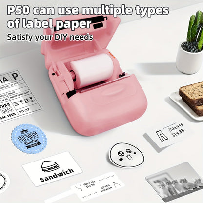 P50 Portable Bluetooth Thermal Label Printer – Wireless Mini Label Maker for Home, Office, Retail, Clothing, Jewelry & Food, Compatible with Android & iOS, Includes 40x30mm White Label Roll