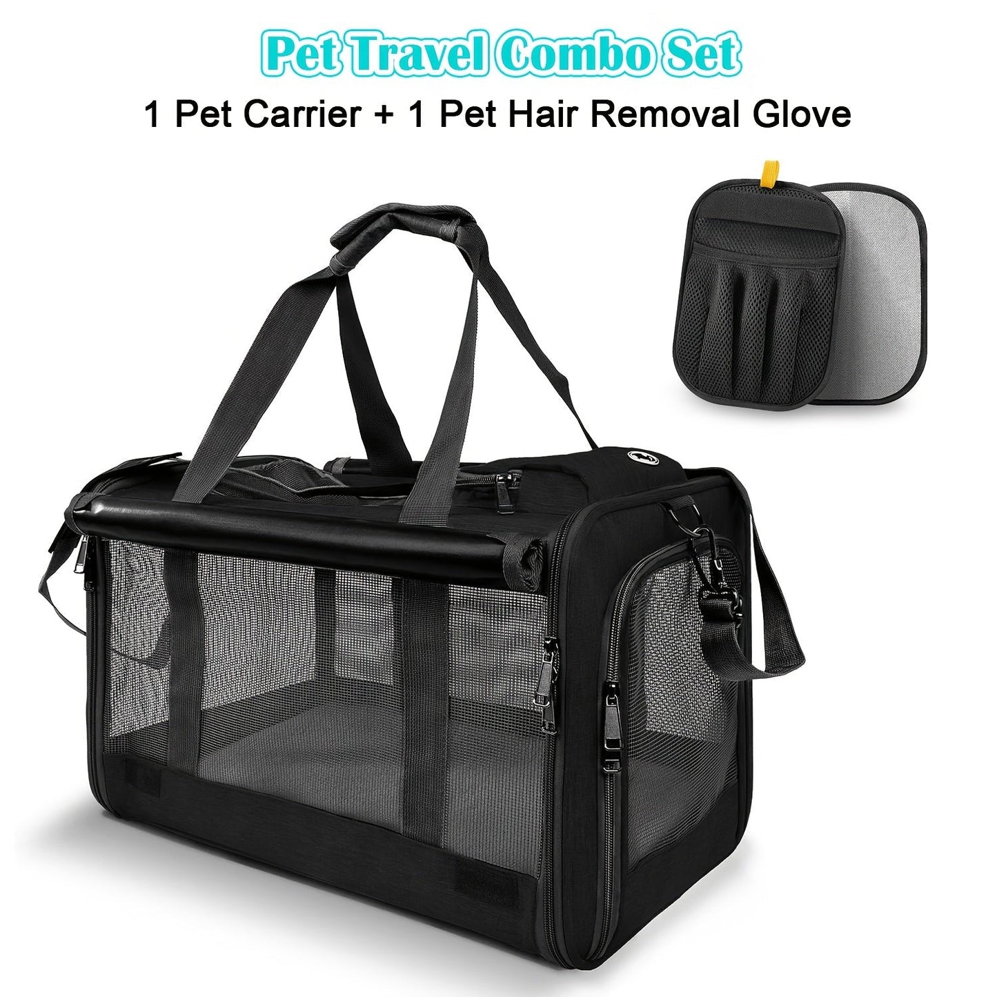 Airline Approved Pet Carrier Soft Sided – Breathable Collapsible Travel Bag for Cats & Small Dogs with Accessories Bundle Collar Bowls or Pet Glove 10 Colors Pink Blue Black Gray Navy Green Orange