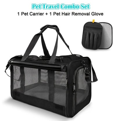 Airline Approved Pet Carrier Soft Sided – Breathable Collapsible Travel Bag for Cats & Small Dogs with Accessories Bundle Collar Bowls or Pet Glove 10 Colors Pink Blue Black Gray Navy Green Orange