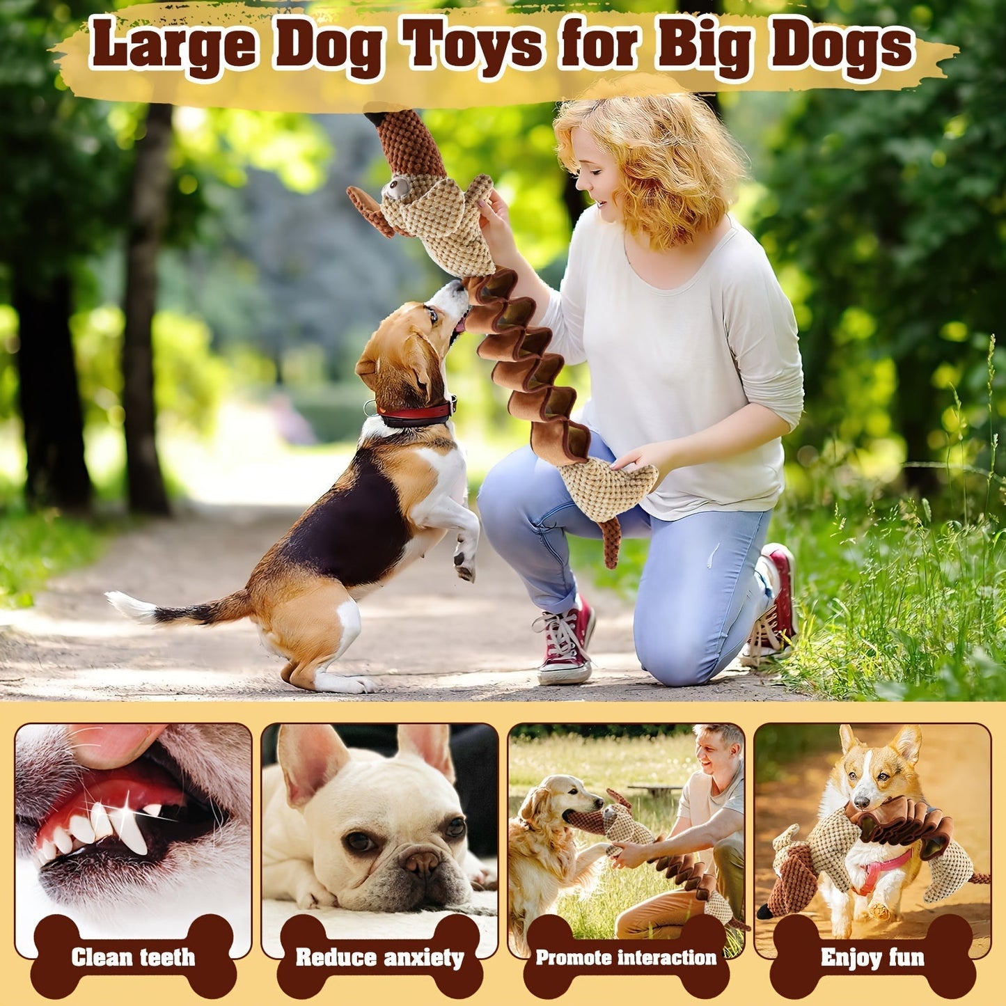 Large Squeaky Crinkle Dog Toy – Extendable 15.7" to 19.7" Plush Pull & Tug Bite Toy with Crinkled Paper Filling for Small Medium Large Dogs, Interactive Fetch & Chew Toy, No Battery Needed