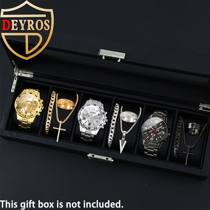 12-Piece Men's Watch & Hip-Hop Jewelry Gift Set – 3 Quartz Analog Watches + 9pc Bracelet, Necklace & Ring Set, Perfect Christmas & Birthday Gift for Men