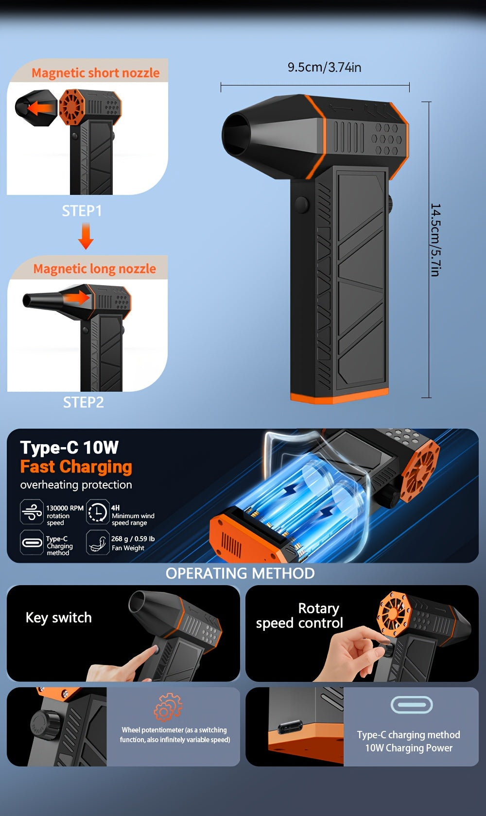 Electric Air Duster 130,000 RPM Cordless Rechargeable | 3-Speed Turbine Fan Air Blower for Keyboard, Computer, Car Interior & Home – Replaces Compressed Air Cans – Black & Orange
