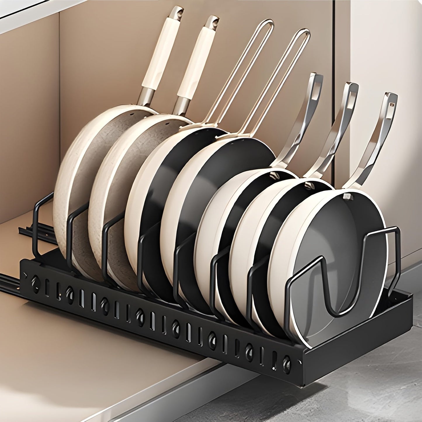 Pull-Out Pot and Pan Organizer for Kitchen Cabinets – Sliding Lid Rack & Pan Holder with 8/16 Adjustable Dividers for Storing Lids, Baking Tools & Plates, Cabinet Storage Box, Black or White