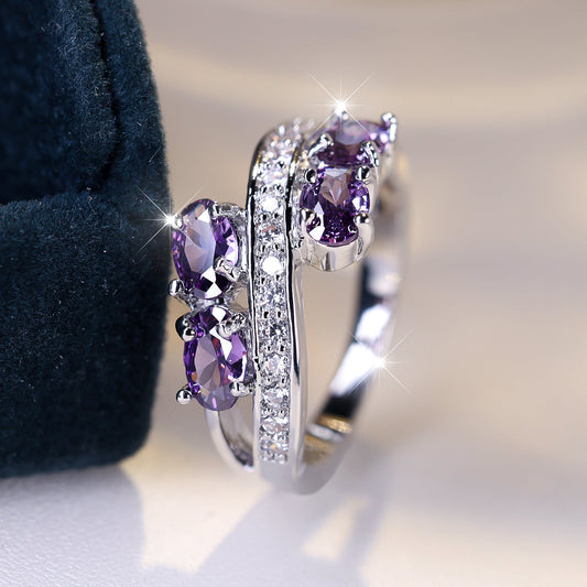S925 Sterling Silver Purple Cubic Zirconia Ring – Elegant Sparkling Bridal Wedding Ring for Women, Shiny Lavender CZ Charm Ring, Perfect Anniversary Gift in Sizes 6-10, Lightweight 2.95g