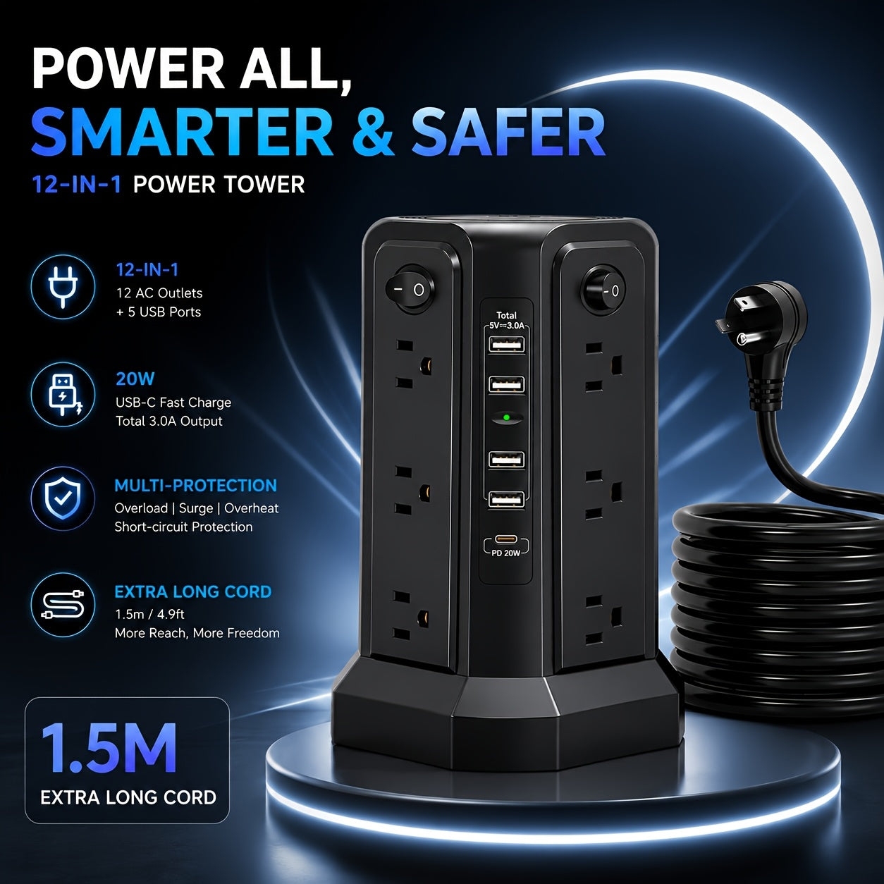 Power Strip Tower 16 AC Outlets 5 USB Ports USB-C PD20W 1500J Surge Protector Flat Plug Desktop Extension Cord