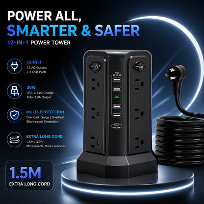 Power Strip Tower 16 AC Outlets 5 USB Ports USB-C PD20W 1500J Surge Protector Flat Plug Desktop Extension Cord