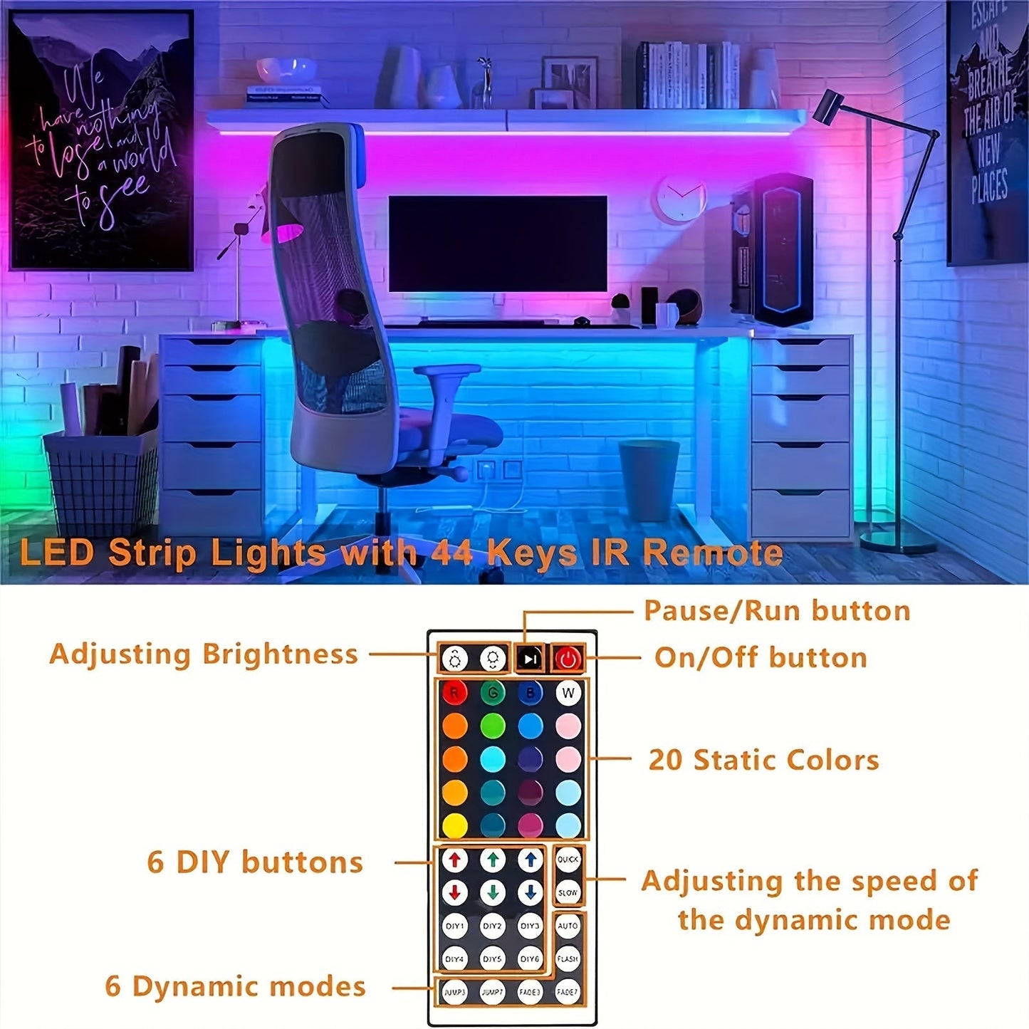 100ft LED Strip Lights Color Changing with 44-Key Remote & Power Supply – RGB LED Light Strip for Bedroom, Living Room, Festival, Wedding, Carnival & Party Decoration – 30M Indoor Ambiance Lighting