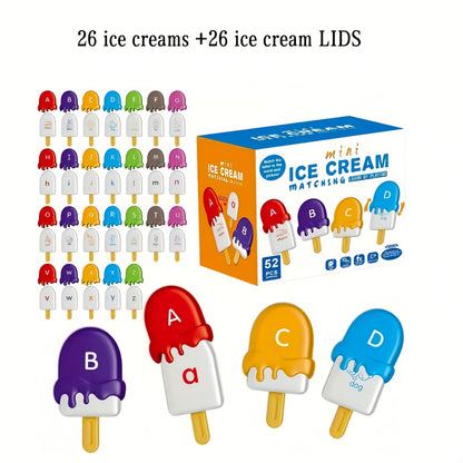 Ice Cream Preschool Learning Toy Set 52 Pieces Counting Color Sorting Stacking ABC Letters Uppercase and Lowercase Montessori Educational Toy for Toddlers Ages 3 and Up Birthday Gift