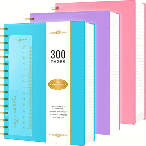 Spiral Notebook 3 Pack A5 Hardcover College Ruled Journal Set, 300 Pages 100GSM Thick Paper, PVC Cover Notepad for Women Girls Students, 5.7" x 8.4" with Ruler