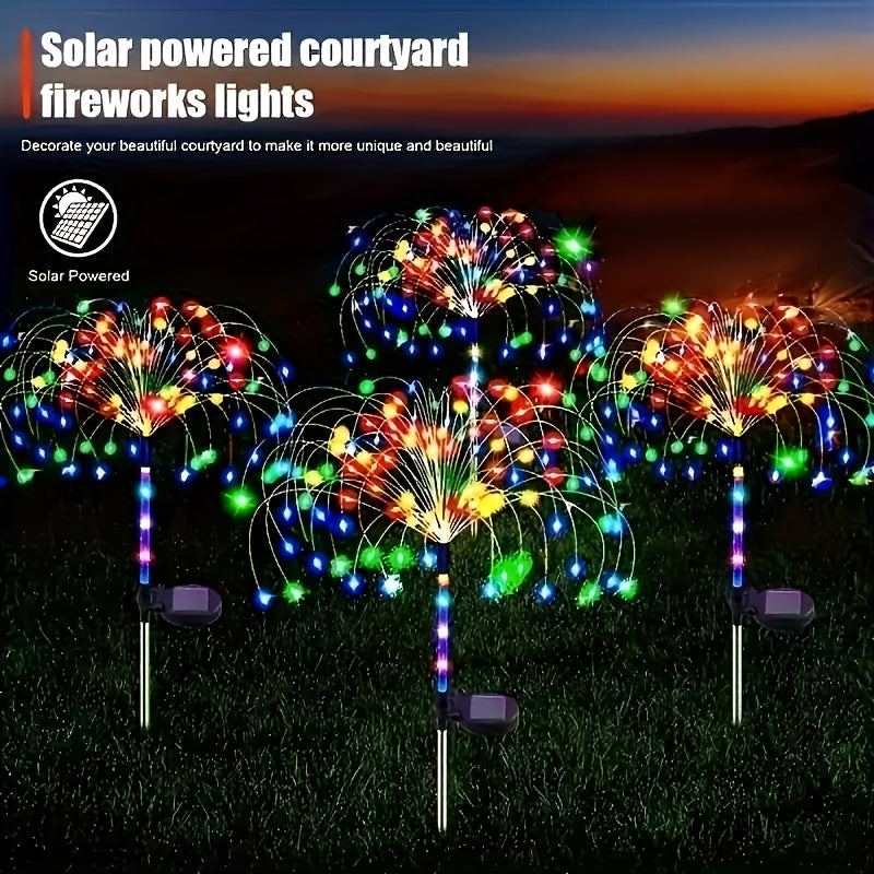 Solar Firework Lights Outdoor 2 Pack – 120 to 840 LED Waterproof Starburst Ground Stake Lights for Garden, Pathway, Lawn, Patio, Christmas, Halloween & Wedding Decoration, Warm White & Colorful