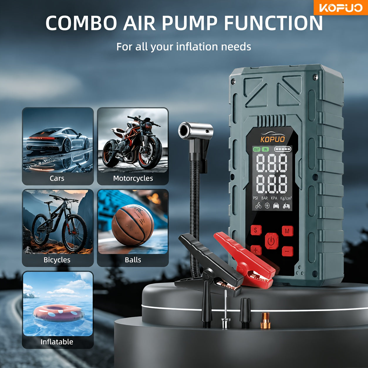 Portable Car Jump Starter 20000A Peak with Air Compressor, 7-in-1 Jump Starter Battery Pack 150PSI Tire Inflator, Power Bank, LED Light & Safety Hammer for 12V Gas & Diesel Engines – Roadside Emergency Kit