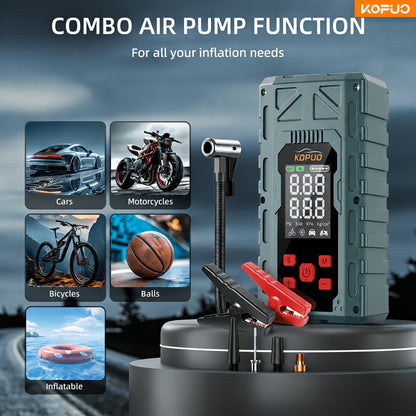 Portable Car Jump Starter 20000A Peak with Air Compressor, 7-in-1 Jump Starter Battery Pack 150PSI Tire Inflator, Power Bank, LED Light & Safety Hammer for 12V Gas & Diesel Engines – Roadside Emergency Kit
