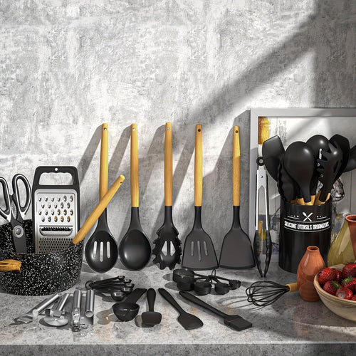 34-Piece Silicone Kitchen Utensils Set with Holder Wooden Handles | Heat Resistant Nonstick Safe Cooking Tools | Spatula Spoon Ladle Tongs Whisk | Khaki Black Gray | Father's Day Housewarming Gift