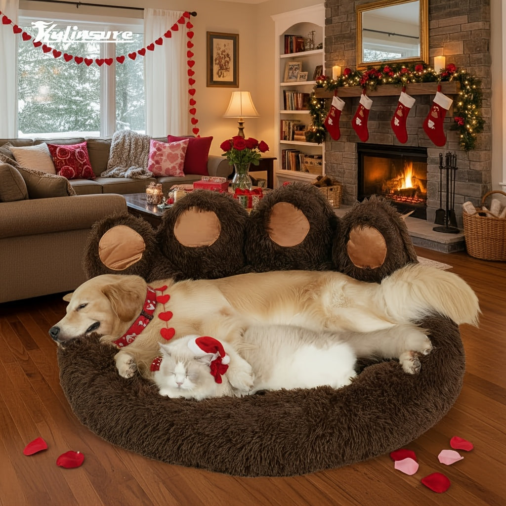 Bear Paw Shaped Donut Dog Bed & Cat Bed – Calming Warm Soft Plush Round Pet Mattress with Bonus Pet Scarf S M L XL 2XL Coffee Pink Grey Brown for Small Medium Large Dogs Cats