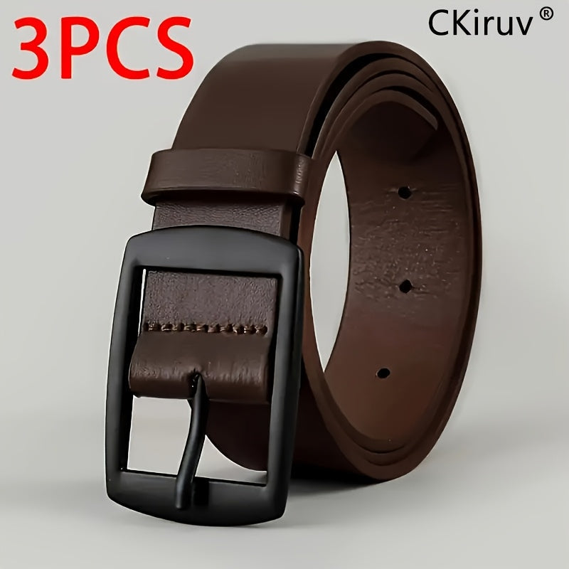 3-Pack Men's PU Faux Leather Belt Set – Casual Designer Style Alloy Buckle Belts for Jeans in Black, Brown & Khaki, Sizes 110-130cm