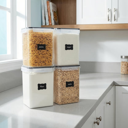 4 Pack Large Airtight Food Storage Containers BPA-Free Plastic Canisters for Flour Sugar Rice Pasta Baking Supplies with Lids 4 Measuring Cups 24 Labels Black Kitchen Pantry Organizer Set