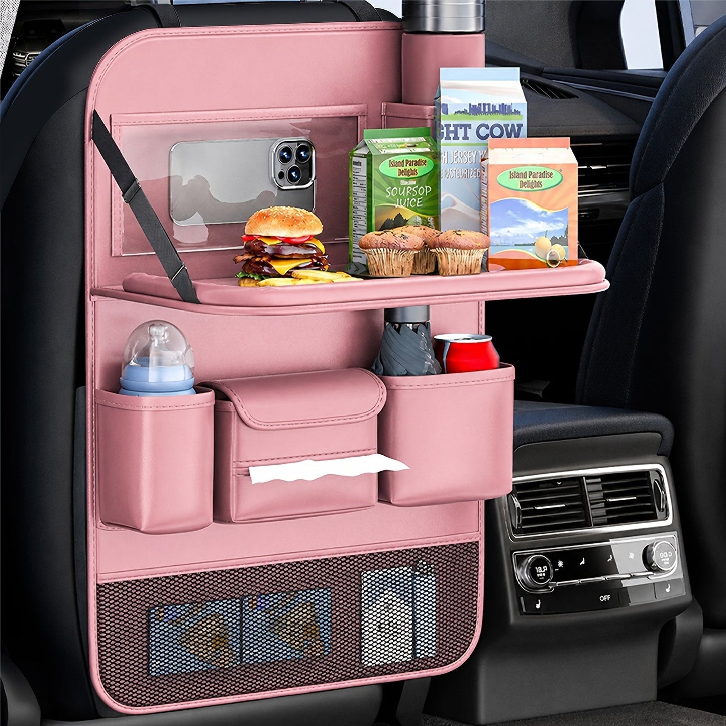 Car Seat Back Organizer PU Leather – Multifunctional Back Seat Storage Bag with Foldable Dining Table, Cup Holder & Travel Pockets, Universal Fit for Cars SUVs Trucks, Road Trip Accessories