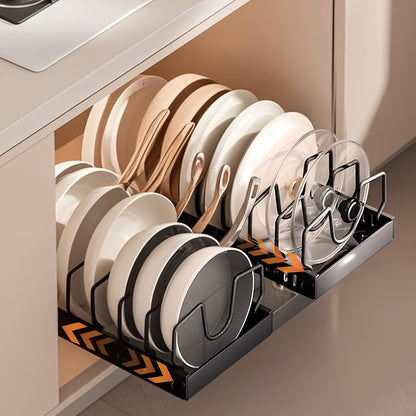Pull-Out Pot and Pan Organizer for Kitchen Cabinets – Sliding Lid Rack & Pan Holder with 8/16 Adjustable Dividers for Storing Lids, Baking Tools & Plates, Cabinet Storage Box, Black or White