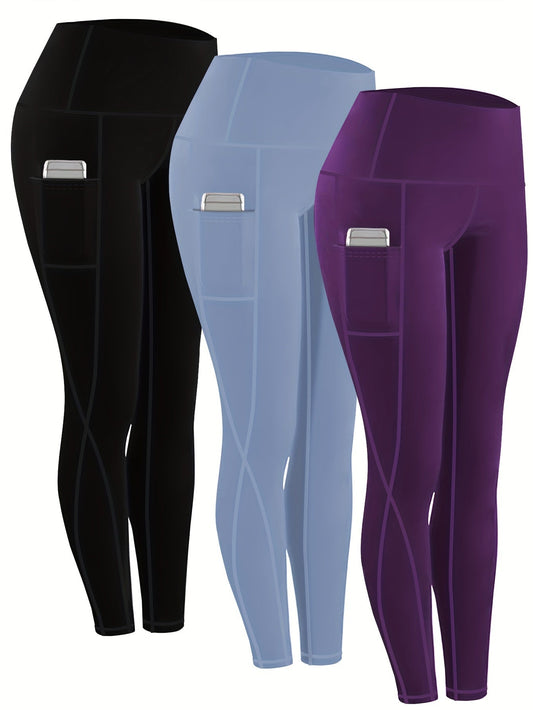 Women's High Waist Compression Leggings 3-Pack with Pockets 230g Breathable Tights for Yoga Fitness Sports Daily Wear – All Seasons Multi-Color Shapewear S-XXL
