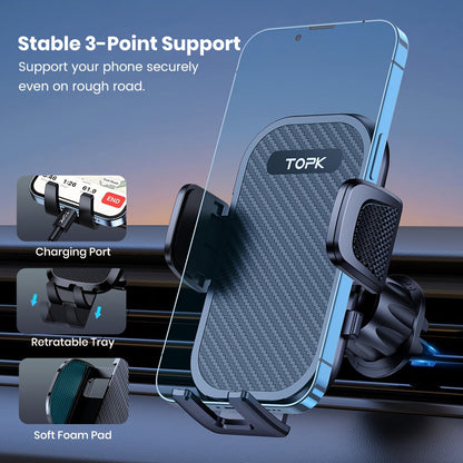 Air Vent Car Phone Holder with Metal Hook Clip – Adjustable Secure Grip, Ergonomic Design, Universal Fit for iPhone 15 14 13 Samsung Galaxy Android, Hands-Free Driving Mount, Black
