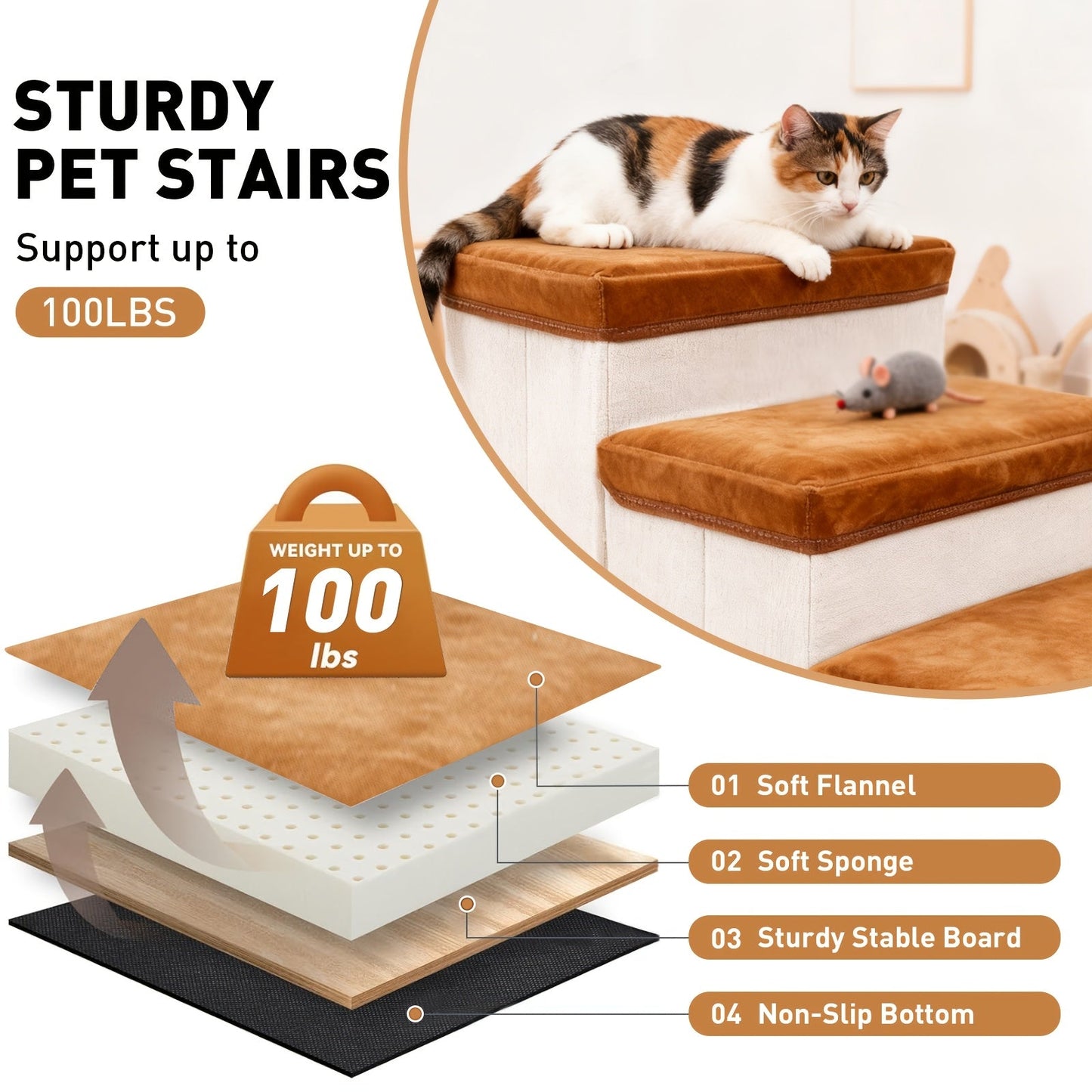 3-Tier Foldable Dog Stairs for Small Dogs – Non-Slip Nylon Pet Ramp for High Beds & Sofas, Compact Foldable Design, Brown & White, Includes Bonus Chicken Leg Plush Toy