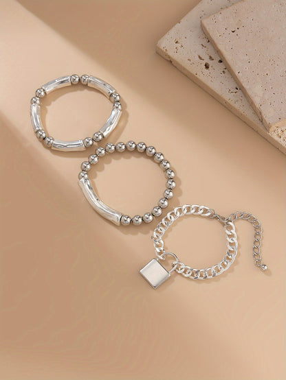 3pcs 925 Sterling Silver Beaded Punk Bracelet Set with Lock Pendant – Exquisite Stackable Edgy Silver Wrist Jewelry for Women Men Teens, Party Festival Daily Wear Gift
