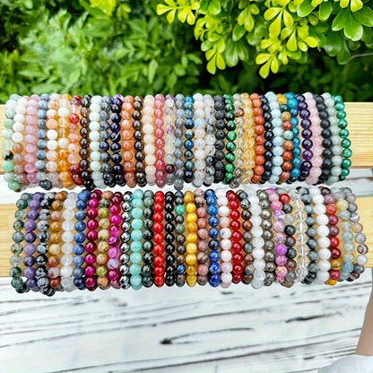 20-Pack Colorful Natural Stone Bead Bracelets – Handmade Elastic Wristband, Random Color Mix, Boho Vintage Style, Unisex Stackable Jewelry for Women & Men