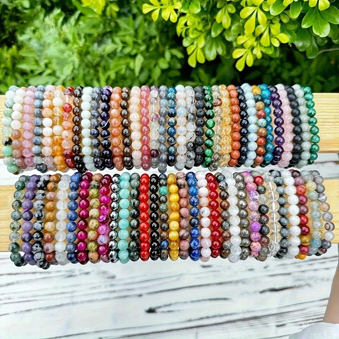 20-Pack Colorful Natural Stone Bead Bracelets – Handmade Elastic Wristband, Random Color Mix, Boho Vintage Style, Unisex Stackable Jewelry for Women & Men