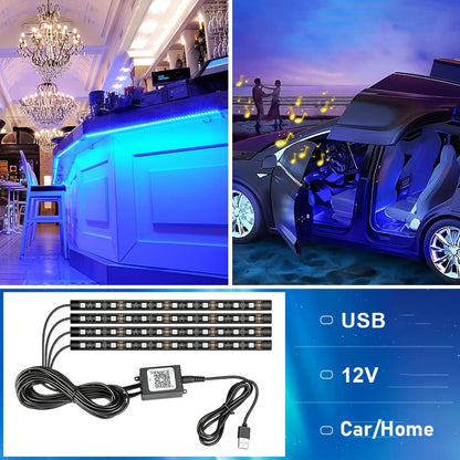 Music Sync LED Car Interior Lights – 4pcs USB Powered RGB Underfoot Ambient Lighting Kit with App & Remote Control, Colorful Atmosphere Lights for Car Truck SUV, No Battery Required