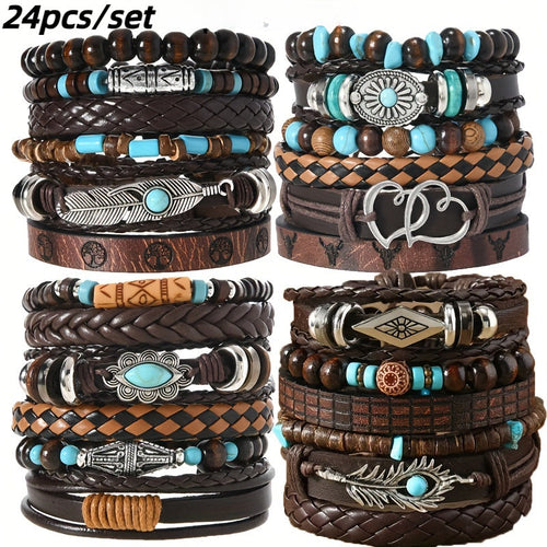 24pcs Boho Bracelet Set for Women – Turquoise Bead, Woven PU Leather & Flower Pendant Stackable Bracelets, Bohemian Western Denim Style Jewelry, Layered Wrist Stack Gift Set for Teen Girls & Adults
