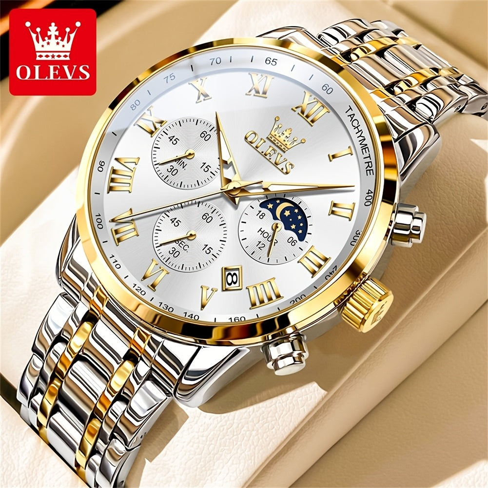 OLEVS Men's Luxury Stainless Steel Watch – Chronograph, Roman Numerals, Moon Phase Display, Luminous Analog Quartz Dress Watch for Men, 8 Color Options, Perfect Business & Gift Watch