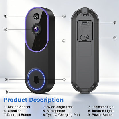 Wireless Doorbell Security Camera 1080P HD | 166° Panoramic View, Auto Tracking, Night Vision, Spotlight, Two-Way Audio, Person & Vehicle Detection, 2.4G WiFi – 1pc or 2pcs
