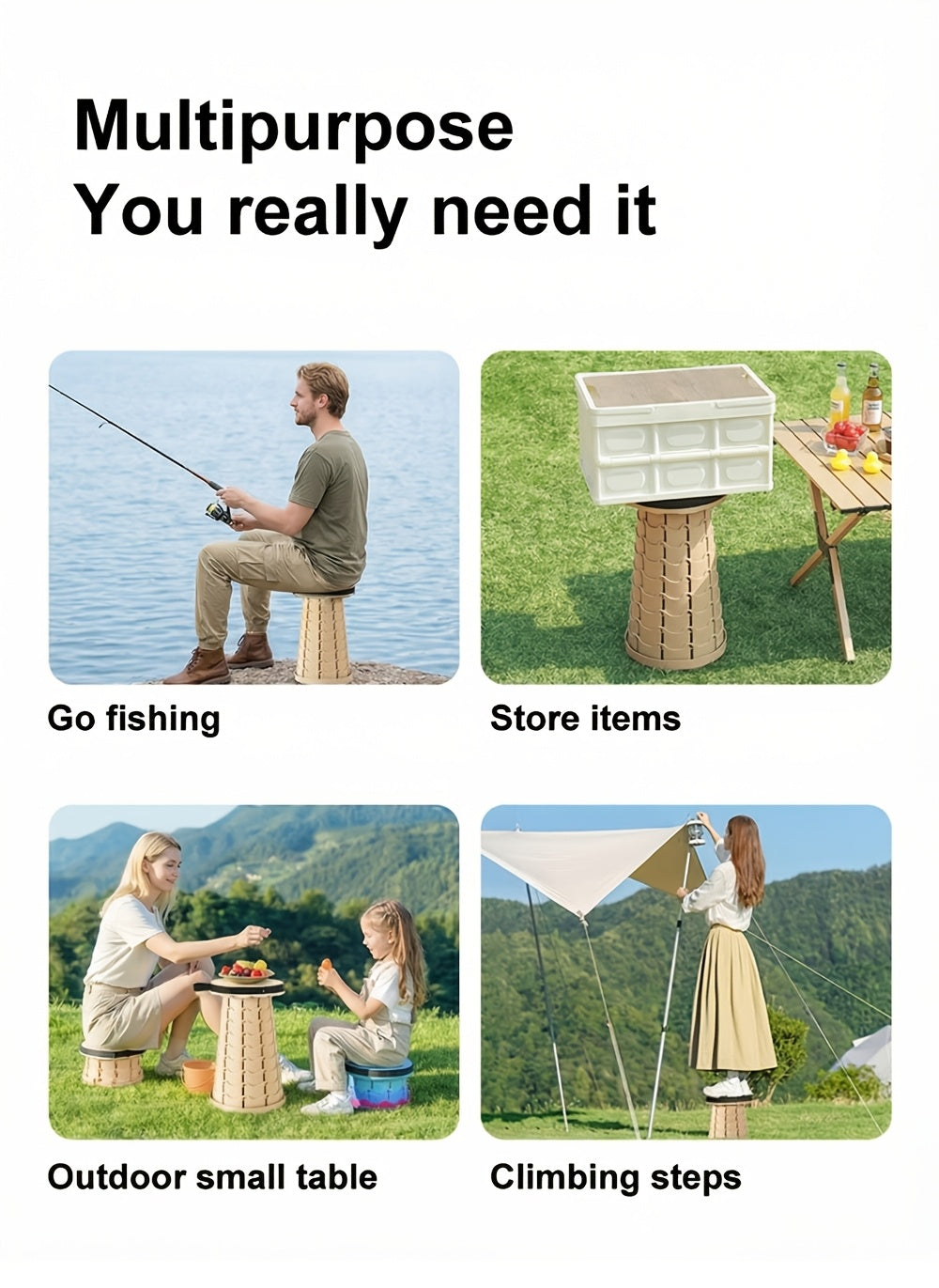 Collapsible Folding Stool 2-Pack 400lbs Capacity Portable Telescoping Retractable Seat for Camping Fishing Hiking Kitchen Outdoors – Lightweight Rainbow Stool – Black