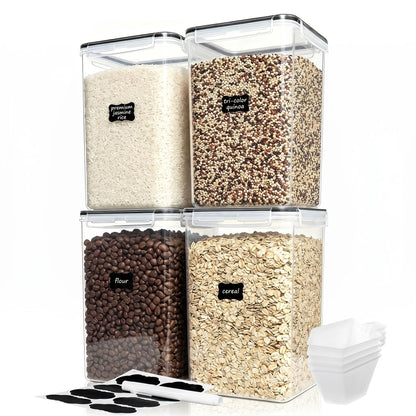 4-Pack Large Airtight Food Storage Containers with Lids – 176oz BPA-Free Plastic Canisters for Flour, Sugar, Rice & Baking Supplies – Includes Measuring Cups & 24 Labels, Black