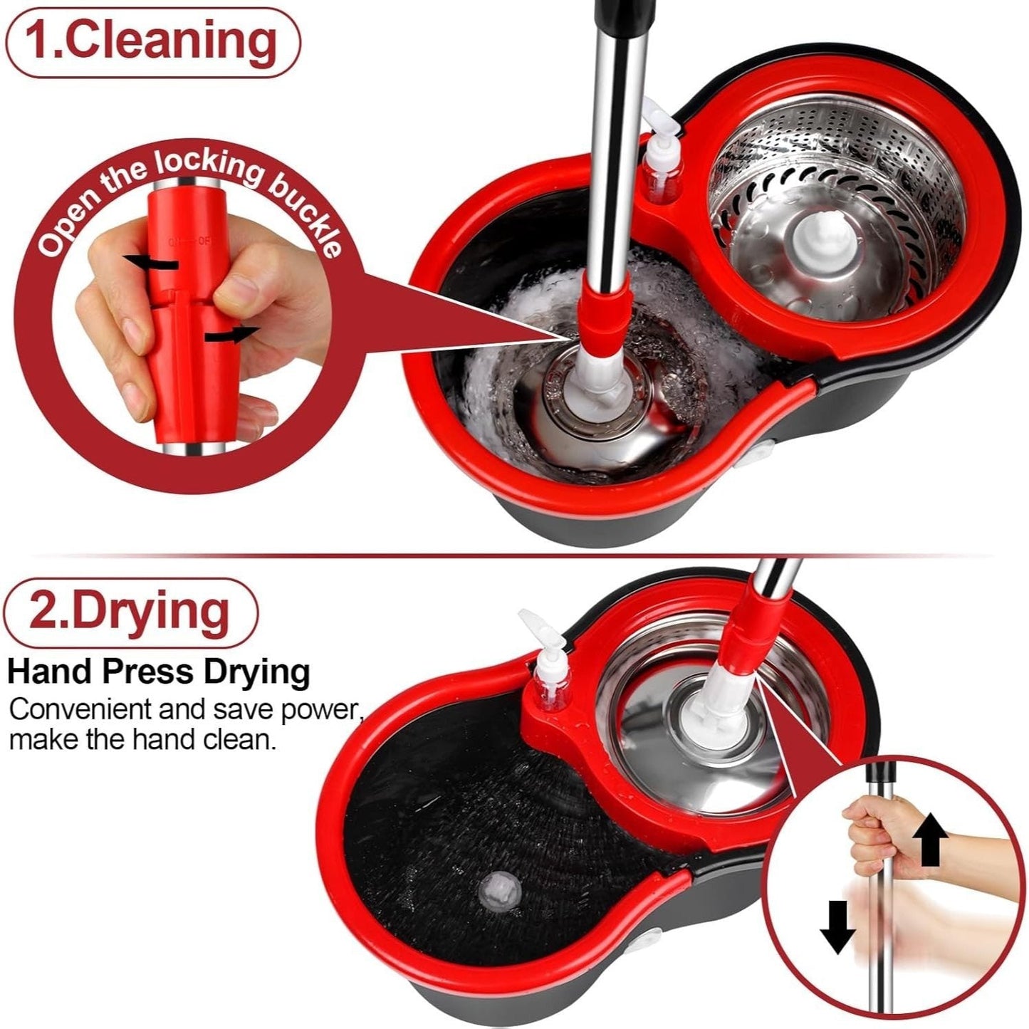 360 Spin Mop and Bucket with Wringer Set 4 Microfiber Replacement Heads | Stainless Steel Adjustable Handle Hands-Free Foot Pedal | Deep Clean Hardwood Tile Laminate Floors | Complete Floor Cleaning System