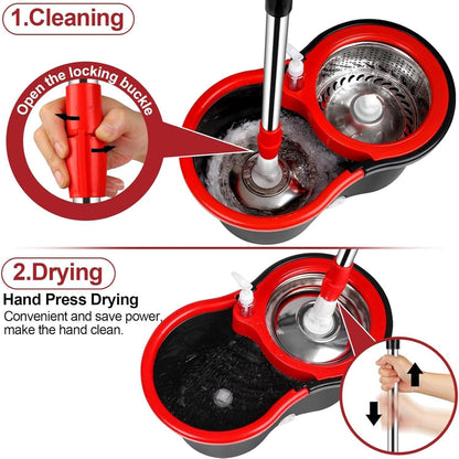 360 Spin Mop and Bucket with Wringer Set 4 Microfiber Replacement Heads | Stainless Steel Adjustable Handle Hands-Free Foot Pedal | Deep Clean Hardwood Tile Laminate Floors | Complete Floor Cleaning System