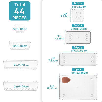 Clear Plastic Drawer Organizer Set 44 or 60 Pcs 4 Sizes Non-Slip Vanity Organizer Trays for Makeup Jewelry Bathroom Bedroom Kitchen Office