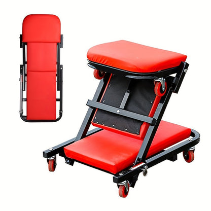 Foldable 2-in-1 Mechanic Creeper & Rolling Seat 300LB | 36 Inch Z-Crawler with 6 Swivel Wheels, Adjustable Headrest, Folding Car Repair Creeper for Garage Workshop – Black & Red