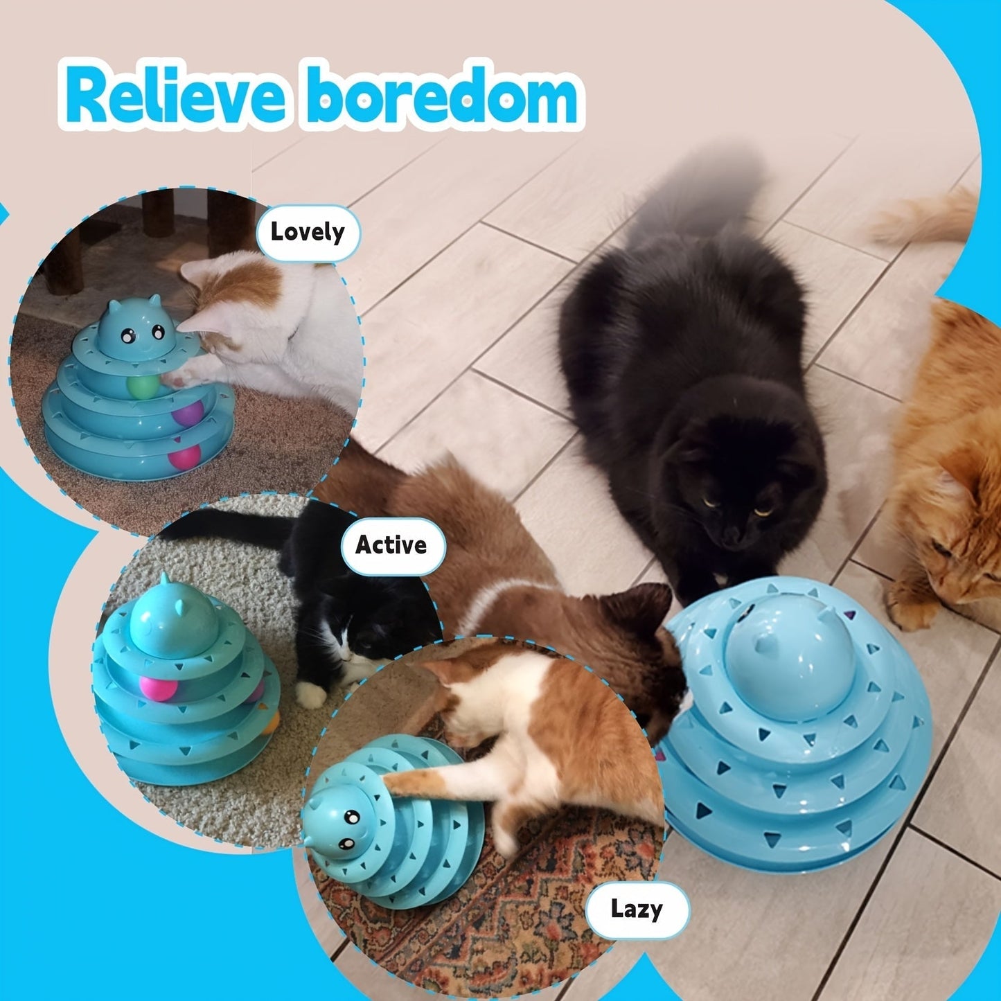 3-Tier Turntable Cat Toy with 6 Colorful Balls – Interactive Mental & Physical Stimulation Toy for Kittens & Cats, Anti-Slip Base, No Battery Needed, Red Green Pink Blue