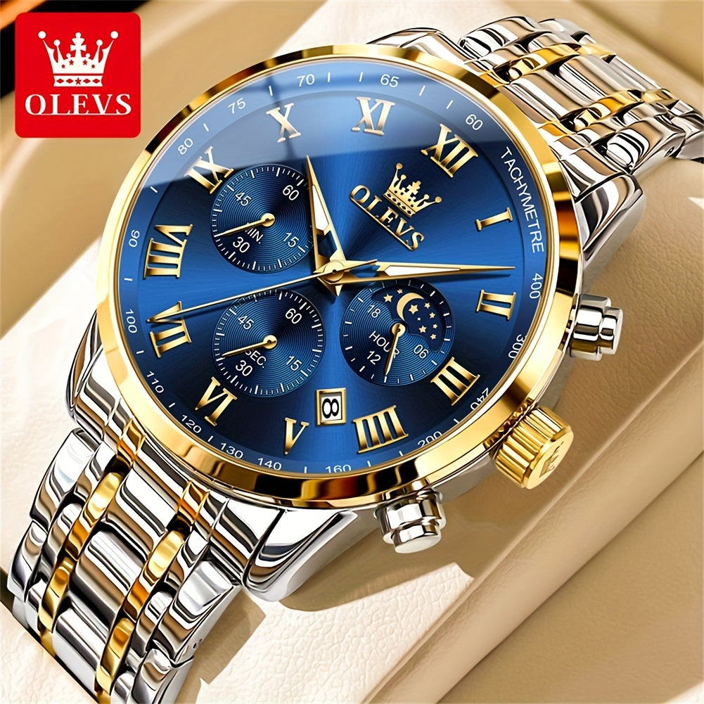 OLEVS Men's Luxury Stainless Steel Watch – Chronograph, Roman Numerals, Moon Phase Display, Luminous Analog Quartz Dress Watch for Men, 8 Color Options, Perfect Business & Gift Watch