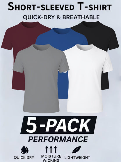 5 Pack Men's Quick-Dry Athletic T-Shirts, Breathable Moisture-Wicking Polyester Crew Neck Sports Tees for Gym, Running, Workout & Casual Everyday Wear