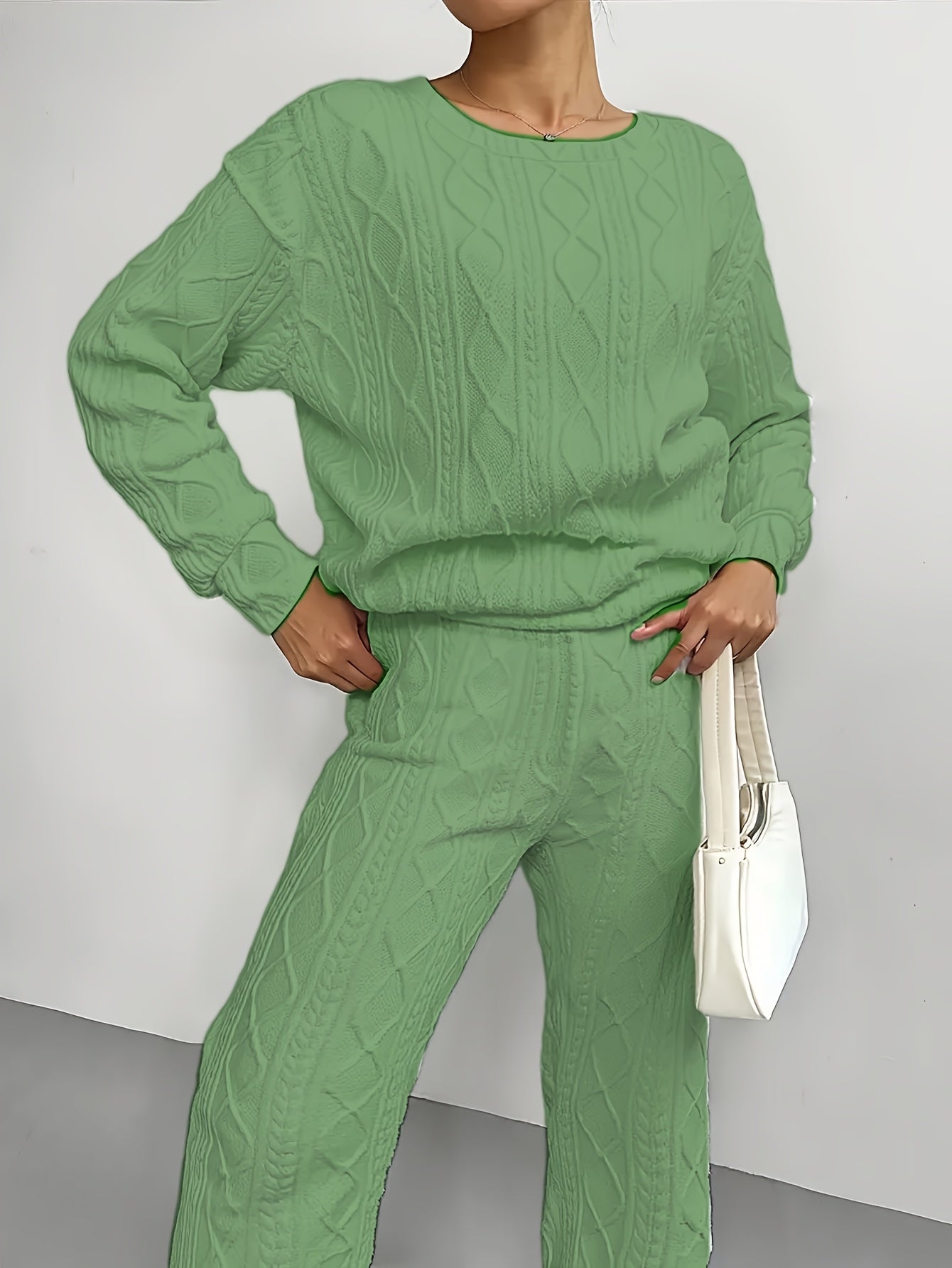 Women's 2-Piece Pullover Sweatsuit Set – Textured Jacquard Crewneck Long Sleeve Top & Sweatpants Tracksuit Breathable Casual Loungewear for Spring Summer S-XXL