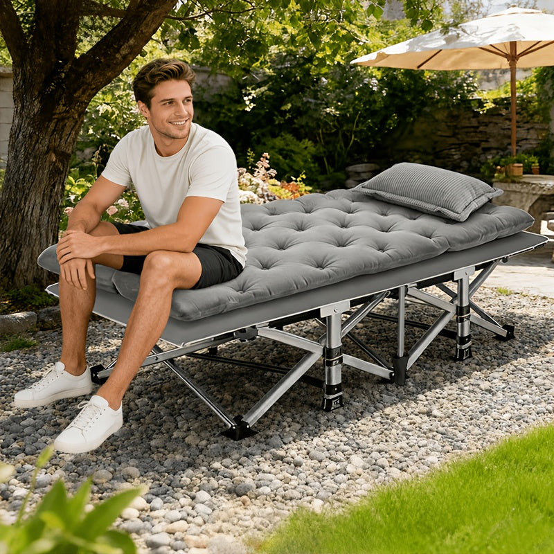 Folding Camping Bed with Mattress & Side Pockets – Heavy Duty Portable Cot for Adults, Foldable Guest Bed for Camping Outdoor Courtyard Terrace Office Guest Room